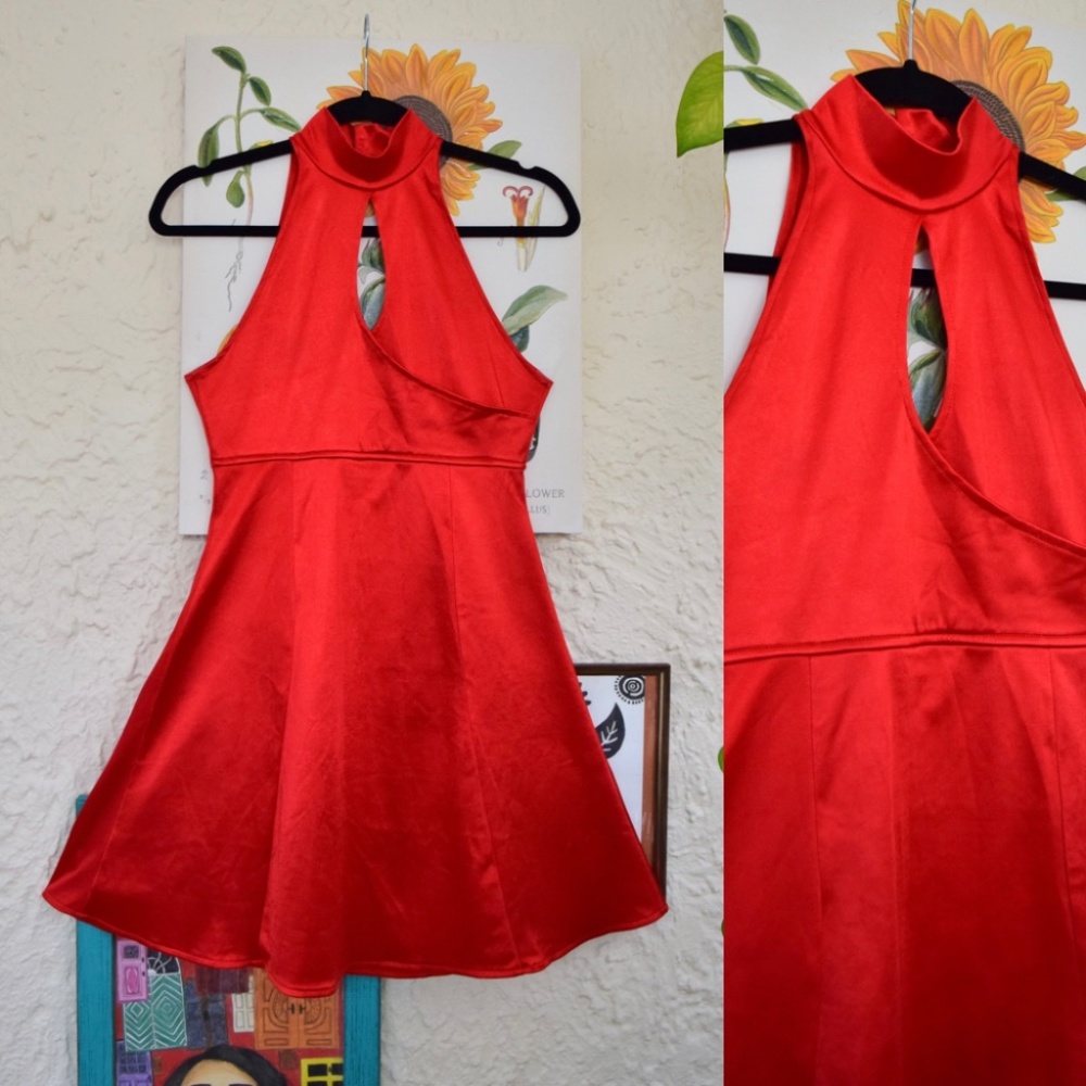 90s red shiny thick spandex space age halter neck mini dress (S)